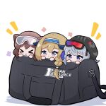  &gt;_&lt; 3girls animal_ears arknights bag bangs blonde_hair blue_eyes blue_hairband blush braid brown_hair character_request chibi closed_eyes closed_mouth commentary english_commentary eyebrows_visible_through_hair girl_sandwich goggles goggles_on_head grey_hair hair_between_eyes hairband hood hood_up horns in_bag in_container kurotofu multiple_girls notice_lines recruitment_bag_(arknights) sandwiched smile white_background 