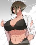  1girl abs biceps black_bra bra breasts brown_hair cleavage collared_shirt curtain_call_challenge english_text hair_over_eyes highres large_breasts long_sleeves muscular muscular_female oddsnail open_clothes open_shirt original parted_lips profile shirt short_hair solo torn_clothes underwear upper_body white_shirt 