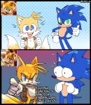 2022 5_fingers anthro artist_name blue_body blue_eyes blue_fur canid canine clothing duo eulipotyphlan fingers fox fur gloves green_eyes handwear hedgehog hi_res kayllacat looking_at_viewer male mammal miles_prower partially_translated sega simple_background sonic_the_hedgehog sonic_the_hedgehog_(film) sonic_the_hedgehog_(series) spanish_text text translation_request yellow_body yellow_fur 