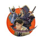  3boys apex_legends bangs black_eyes brown_jacket crypto_(apex_legends) dead_man&#039;s_curve glasses hair_behind_ear holding holding_scythe hood hood_up humanoid_robot inconspicuous_crypto jacket male_focus multiple_boys official_alternate_costume one-eyed pathfinder_(apex_legends) red_eyes revenant_(apex_legends) scythe simulacrum_(titanfall) stack_(sack_b7) sweatdrop synthetic_shinobi_revenant 