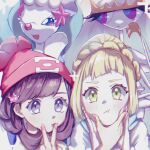  2girls :t bangs beanie blonde_hair blue_sailor_collar blush braid brown_hair character_hair_ornament closed_mouth eyelashes green_eyes grey_eyes hair_ornament hands_up hat highres lillie_(pokemon) looking_at_viewer minior multiple_girls myuuu_ay pheromosa pink_nails pokemon pokemon_(creature) pokemon_(game) pokemon_sm primarina red_headwear sailor_collar selene_(pokemon) shirt ultra_beast v white_shirt 