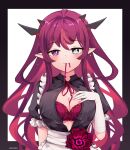  1girl alternate_costume blush bow bra breasts cleavage cleavage_cutout clothing_cutout demon_girl demon_horns elbow_gloves flower framed gloves hand_on_own_chest heterochromia highres hololive hololive_english horns irys_(hololive) lace-trimmed_bra lace_trim large_breasts long_hair looking_at_viewer maid multicolored_hair multiple_horns namii_(namialus_m) out_of_frame pointy_ears red_bra red_hair signature simple_background solo tight underwear very_long_hair white_background white_gloves 