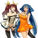  2girls artist_name bangs belt black_legwear black_panties blue_hair bracelet breasts brown_hair chocojax choker cleavage collarbone cosplay costume_switch crossed_legs detached_sleeves dizzy_(guilty_gear) dress eyebrows_visible_through_hair guilty_gear guilty_gear_xrd hair_between_eyes hair_ribbon hair_rings hand_on_own_chest heart heart_necklace highres jewelry kujikawa_rise large_breasts long_hair medium_breasts midriff multiple_girls navel necklace open_mouth orange_dress panties pendant persona persona_4 persona_4:_the_ultimate_in_mayonaka_arena red_eyes ribbon sideboob simple_background tail thigh_gap thigh_strap thighhighs twintails underwear white_background wide_sleeves yellow_eyes yellow_ribbon 
