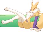  anthro armwear bandai_namco barely_visible_genitalia breasts bridal_gauntlets clothing digimon digimon_(species) digitigrade female genitals hi_res ko-fi looking_at_viewer mafty_(artist) renamon simple_background small_breasts solo 