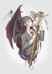  1girl angel_wings bangs bat_wings bird_wings black_hair blue_eyes blunt_bangs breasts brown_hair chain collared_shirt colored_inner_hair english_text fish_tail hand_tattoo highres hio_tksr05 holding holding_sword holding_weapon jewelry lips long_hair master_2_(housamo) multicolored_eyes multicolored_hair necktie open_mouth red_necktie ring school_uniform shirt sidelocks skeletal_wings smile solo sparkle star_(symbol) sword tail tentacles tokyo_afterschool_summoners upper_body weapon white_background white_eyes wings 