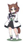  1girl :o absurdres air_shakur_(umamusume) animal_ears bad_id bad_twitter_id black_shirt black_skirt blush boots brown_eyes brown_hair character_doll chibi collared_shirt colored_shadow commentary_request fine_motion_(umamusume) full_body gloves highres horse_ears horse_girl horse_tail jacket multicolored_hair nozo_(hitomiz) open_clothes open_jacket parted_lips pleated_skirt shadow shirt simple_background skirt socks solo standing striped striped_legwear tail two-tone_hair umamusume white_background white_footwear white_gloves white_hair white_jacket white_legwear 