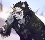  1boy bara belov_w black_hair black_shirt collared_shirt commentary_request furry furry_male glasses korean_commentary long_hair male_focus mature_male muscular muscular_male original pectoral_cleavage pectorals shirt solo 