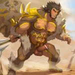  1boy arm_hair armor axe bara bare_pectorals blush brown_hair chest_hair dark-skinned_male dark_skin dragalia_lost gamma gauntlets hairy highres holding holding_weapon male_focus muscular muscular_male pectorals shoulder_armor sideburns solo valyx_(dragalia_lost) weapon 