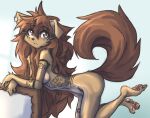  all_fours anthro apogee_(tinygaypirate) arm_support arm_tuft black_nose black_pawpads blue_background breasts brown_body brown_eyes brown_fur brown_hair butt canid canine canis cheek_tuft cowlick curled_tail domestic_dog ear_piercing facial_markings facial_piercing facial_tuft female floppy_ears fur furgonomics furry-specific_piercing gauged_ear hair head_markings hi_res inner_ear_fluff legs_up long_hair looking_aside mammal markings messy_hair muzzle_piercing nose_piercing nude pawpads piercing pink_pawpads plantigrade side_boob simple_background slim solo spitz tinygaypirate tuft wrist_tuft 