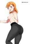  1girl absurdres angel_gabriel. ass bangs bare_shoulders black_legwear blush breasts cowboy_shot dressing from_behind highres huge_ass long_hair looking_at_viewer looking_back love_live! love_live!_superstar!! medium_breasts nipples open_mouth orange_hair pantyhose purple_eyes shibuya_kanon sideboob simple_background solo standing standing_on_one_leg swept_bangs tareme topless white_background 