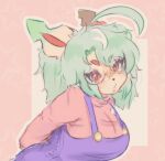  absurd_res anthro blush clothed clothing digital_media_(artwork) eeveelution eyewear female freckles fur furbait_(artist) glasses green_hair hair hi_res leafeon looking_at_viewer nintendo pok&eacute;mon pok&eacute;mon_(species) simple_background solo video_games 