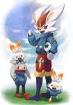  :d ball brown_eyes cinderace clothed_pokemon cloud commentary_request day evolutionary_line grass hand_up happy highres jacket mirukya on_head open_mouth outdoors pokemon pokemon_(creature) pokemon_on_head raboot scorbunny sky smile soccer_ball standing thigh_strap tongue 