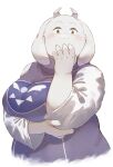  5_fingers absurd_res anthro big_breasts blush boss_monster bovid breasts caprine clothed clothing covering covering_mouth cyrucrem ears_back female fingers floppy_ears fur hi_res horn kemono long_ears looking_at_viewer mammal mature_anthro mature_female pivoted_ears robe simple_background solo toriel undertale undertale_(series) video_games white_background white_body white_fur yellow_eyes 