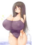 1girl 2b-ge black_hair blush breast_expansion breasts competition_swimsuit highres hime_cut huge_breasts long_hair navel one-piece_swimsuit oppai_loli original pool purple_eyes solo swimsuit thighhighs very_long_hair white_background 