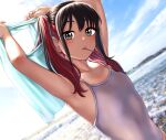 1girl armpits black_eyes black_hair blurry candy cloud competition_school_swimsuit depth_of_field food grey_swimsuit highres kobamiso_(kobalt) lollipop mouth_hold multicolored_hair outdoors sky solo sono_bisque_doll_wa_koi_wo_suru sugaya_nowa swimsuit twintails two-tone_hair water 