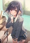  1girl bangs black_hair blush brown_eyes classroom collared_shirt confession eyebrows_visible_through_hair hair_lift hair_ornament hairclip kanda_done long_sleeves looking_at_viewer necktie open_mouth original school_uniform shirt short_hair shy skirt sweat thighs window 