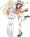  2girls arms_up backpack bag bangs bare_legs blonde_hair blunt_bangs braid closed_mouth commentary_request eyelashes french_braid green_eyes green_footwear hat high_ponytail highres holding_strap knees leg_up lillie_(pokemon) long_hair miniskirt multiple_girls myuuu_ay pleated_skirt pokemon pokemon_(game) pokemon_usum selene_(pokemon) shirt shoes short_sleeves shorts shoulder_bag skirt sleeveless sleeveless_shirt smile socks sun_hat twin_braids white_footwear white_shirt white_shorts white_skirt 