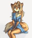  anthro arm_tuft bathrobe black_nose blonde_hair breasts brown_body brown_fur canid canine cheek_tuft cleavage clothed clothing dipstick_tail ear_piercing elbow_tuft facial_tuft female fox freckles fur gloves_(marking) hair hi_res jinny_(tinygaypirate) long_hair looking_aside mammal markings multicolored_body multicolored_fur multicolored_hair off_shoulder orange_body orange_fur orange_hair piercing robe shadow simple_background sitting small_breasts solo tail_markings tinygaypirate tuft two_tone_body two_tone_fur two_tone_hair white_background yellow_body yellow_fur 