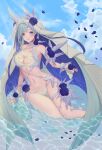  1girl ass_visible_through_thighs baeg_mi bare_shoulders bikini blue_flower blue_rose blue_sky breasts brynhildr_(fate) brynhildr_(swimsuit_berserker)_(fate) chain cleavage closed_mouth cloud collarbone commentary_request cross-laced_bikini cross-laced_clothes day eyebrows_visible_through_hair fate/grand_order fate_(series) feathers flower forehead frills green_hair hair_flower hair_ornament highres knees_together_feet_apart large_breasts looking_at_viewer navel official_alternate_costume outdoors petals purple_eyes red_lips reflection reflective_water rose sky smile solo swimsuit thigh_gap thigh_strap veil white_bikini wings wrist_cuffs 