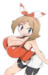  1girl bike_shorts bike_shorts_under_shorts bow_hairband breasts brown_hair cleavage commentary_request grey_eyes hairband highres large_breasts may_(pokemon) medium_hair open_mouth orange_hairband orange_shirt pokemon pokemon_(game) pokemon_oras shirt short_shorts shorts sleeveless sleeveless_shirt solo takagirock white_shorts 