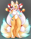  anthro big_breasts breasts canid canine curvy_anthro curvy_figure demon fakeanna female fire flaming_tail fox fox_spirit hi_res hybrid mammal navel neck_tuft nude solo tuft wide_hips 