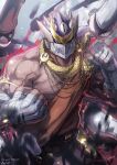  1boy armlet bandaged_hand bandages bara bare_pectorals bare_shoulders cowboy_shot dai-xt dark-skinned_male dark_skin ear_piercing energy extra_arms fighting_stance grey_background helmet highres jewelry large_pectorals looking_at_viewer male_focus monk muscular muscular_male necklace pectorals piercing red_eyes revision shiva_(housamo) shoulder_sash signature solo tokyo_afterschool_summoners veins 