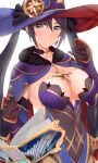  1girl arind_yudha bangs black_hair blush breasts cleavage genshin_impact green_eyes hat highres large_breasts long_hair looking_at_viewer mona_(genshin_impact) solo twintails witch_hat 