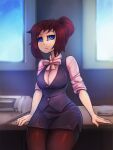  blue_eyes breasts brown_hair clothing day female general-irrelevant hair hi_res human human_only inside legwear looking_up mammal not_furry pantyhose ribbons solo window 