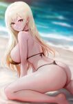  1girl ass bangs barbell_piercing beach bikini black_bikini blonde_hair blurry blurry_background breasts commentary_request depth_of_field ear_piercing earrings eyebrows_visible_through_hair floral_print from_side grin highres jewelry kitagawa_marin kneeling large_breasts leaning_forward long_hair looking_at_viewer looking_to_the_side outdoors picter piercing print_bikini red_eyes revision sand smile sono_bisque_doll_wa_koi_wo_suru swimsuit thighs thong_bikini water 