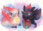  box bright_pupils commentary_request fang gift gift_box green_eyes half-closed_eyes highres hisuian_zorua kotone11152 mouth_hold no_humans open_mouth pokemon pokemon_(creature) smile toes tongue twitter_username white_pupils yellow_eyes zorua 