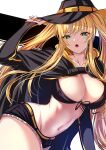  1girl :o akeyama_kitsune arm_up azur_lane bangs bikini bikini_top_only black_background black_bikini black_cloak black_headwear black_shorts black_sleeves blonde_hair breasts cleavage cloak collarbone commentary_request cowboy_hat cowboy_shot cutoffs detached_sleeves eyebrows_visible_through_hair front-tie_bikini front-tie_top green_eyes groin hair_between_eyes hat holding holding_clothes holding_hat hornet_(azur_lane) large_breasts long_hair looking_at_viewer midriff navel open_mouth partial_commentary short_shorts shorts sidelocks solo standing swimsuit twintails very_long_hair white_background yellow_belt 