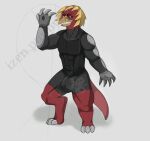  anthro armor armored_gloves beak bulge clawed_fingers clawed_toes clothing digitigrade fingerless_gloves gloves golden_quills grey_clothing handwear hi_res hsketch4 izen_puppyfox male metal_claws muscular muscular_anthro muscular_male quills red_body red_skin reisu reptile_tail solo trericultua 