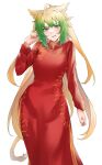  1girl absurdres ahoge animal_ear_fluff animal_ears atalanta_(fate) bangs blonde_hair cat_ears china_dress chinese_clothes commentary_request dress eyebrows_visible_through_hair fang fate/apocrypha fate_(series) green_hair hand_up highres long_hair long_sleeves looking_at_viewer multicolored_hair parted_lips red_dress simple_background smile solo two-tone_hair two_side_up very_long_hair white_background yuki_maccha_(yukimattya10) 