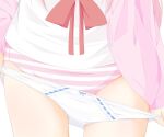  1girl bow bow_panties drawstring highres jacket lower_body no_pants open_clothes open_jacket original panties panty_pull pink_jacket ri-net shirt simple_background solo standing striped striped_panties underwear white_background white_panties white_shirt 
