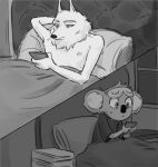  anthro arctic_wolf bed bedroom blindfold buster_moon canid canine canis duo furniture hand_behind_head hi_res illumination_entertainment inside jimmy_crystal koala lumise05 male mammal marsupial mask phone pillow shirtless sing_(movie) sitting sitting_up sleep_mask texting vombatiform wolf 