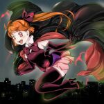  boots bow bowtie cape cityscape collar elbow_gloves fangs gloves high_heels miniskirt orange_hair pink_skirt pointy_ears ponytail red_bow red_bowtie red_eyes red_footwear red_gloves skirt sleeveless slit_pupils smile tagme thigh_boots thighhighs vampire white_collar yozora 
