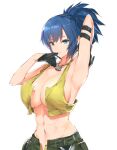  1girl armpits black_gloves blue_eyes blue_hair breasts closed_mouth dog_tags gloves green_pants large_breasts leona_heidern looking_at_viewer navel open_fly pants ponytail short_hair simple_background solo the_king_of_fighters the_king_of_fighters_xv white_background yaegashi_nan 