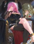 1girl black_legwear breasts cleavage closed_mouth crossed_legs highres hololive hololive_english hood_(james_x) large_breasts long_hair mori_calliope pink_hair sitting solo thighhighs 