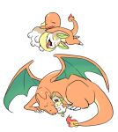  charizard charmander closed_eyes commentary_request fang fangs fire flame flame-tipped_tail korean_commentary lying no_humans open_mouth pokemon pokemon_(creature) rnehrdyd1212 simple_background sleeping tongue tongue_out white_background yamper 