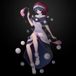  1girl :3 absurdres arm_at_side bare_shoulders black_background black_capelet black_dress blue_hair bobby_socks bright_pupils capelet commentary doremy_sweet dream_soul dress eyebrows_behind_hair full_body hand_up hat highres inoshin_(inixia1748) looking_at_viewer multicolored_clothes multicolored_dress nightcap orb parted_lips pointing pom_pom_(clothes) purple_eyes red_headwear short_hair simple_background sleeveless sleeveless_dress socks solo starry_sky_print touhou turtleneck_dress two-sided_fabric white_dress white_legwear white_pupils 