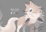  animal_focus blue_eyes closed_mouth commentary_request dated grey_background highres looking_back lycanroc lycanroc_(midday) natsumekan no_humans pokedex_number pokemon pokemon_(creature) signature solo spikes standing white_fur 