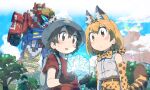  2girls :o absurdres animal animal_ears arms_at_sides backpack bag bangs bare_shoulders belt bird black_eyes black_gloves black_hair blonde_hair blue_eyes blue_sky blush bow bowtie brown_belt brown_gloves clenched_hand cloud crossover cube day doubutsu_sentai_zyuohger elbow_gloves floating flying forest glint gloves glowing grey_shirt hair_between_eyes hat hat_feather helmet high-waist_skirt highres kaban_(kemono_friends) kemono_friends looking_down mecha mountain multicolored_clothes multicolored_gloves multicolored_hair multiple_girls nature ontama open_mouth orange_bow orange_bowtie orange_eyes outdoors pith_helmet print_bow print_bowtie red_shirt robot sandstar serval_(kemono_friends) serval_print shirt short_hair short_sleeves shorts skirt sky sleeveless sleeveless_shirt smoke streaked_hair super_sentai sweatdrop tail tree two-tone_bowtie volcano wavy_hair white_bow white_bowtie zyouhking zyuo_cube 
