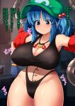  1girl bangs black_panties blue_eyes blue_hair bra breasts flat_cap gloves green_headwear hat highres kawashiro_nitori large_breasts mechanical_arms medium_hair panties peso_(cheese_company) short_twintails sidelocks solo touhou translation_request twintails two_side_up underwear 
