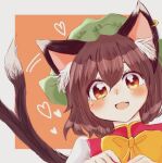  1girl :d animal_ear_fluff animal_ears blush border bow bowtie brown_eyes brown_hair cat_ears chen earrings eyebrows_behind_hair forked_tail green_headwear hair_between_eyes hat jewelry looking_at_viewer mob_cap nekomata ol07469724 open_mouth orange_background outside_border paw_pose red_vest short_hair simple_background single_earring smile solo tail touhou upper_body vest white_border yellow_bow yellow_bowtie 