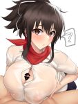  1boy 1girl asuka_(senran_kagura) bangs blush breast_squeeze breasts brown_eyes brown_hair cleavage covered_nipples hair_ribbon hetero highres karakari large_breasts long_hair looking_at_viewer paizuri penis ponytail red_scarf ribbon scarf senran_kagura short_sleeves sidelocks white_ribbon 