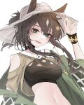  1girl :d absurdres animal_ears arknights bangs bare_shoulders black_choker black_hair black_shirt breasts choker clothing_cutout commentary_request crop_top ears_through_headwear green_eyes green_jacket hair_between_eyes hair_ornament hand_up highres horse_ears jacket ka_keo korean_commentary large_breasts long_hair meteor_(arknights) meteor_(bard&#039;s_holiday)_(arknights) midriff navel off_shoulder open_mouth shirt shoulder_cutout simple_background smile solo star_(symbol) star_hair_ornament stomach upper_body white_background white_headwear wristband 