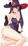  1girl arind_yudha bangs black_hair blush breasts cleavage genshin_impact green_eyes hat highres large_breasts long_hair looking_at_viewer mona_(genshin_impact) solo twintails witch_hat 