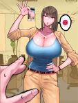  1girl angry blue_shirt breasts brown_hair chair cleavage coat curvy emoji holding holding_phone jewelry large_breasts necklace office office_chair office_lady open_mouth original pants phone shirt wolffeld_price 