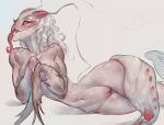  2022 anthro arthropod bodily_fluids breasts digital_media_(artwork) female genitals grey_eyes hair insect long_tongue mantis navel nude pussy saliva simple_background solo teeth tongue tongue_out tsuchu0 white_hair 