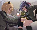  2girls animal_ears arknights arrow_(symbol) black_choker black_legwear black_shirt blonde_hair blue_hair blush breasts cage cat_ears cat_girl cat_tail choker creature dragon_horns green_eyes grey_jacket hair_ornament hairclip holding horns indoors infection_monitor_(arknights) jacket jessica_(arknights) knee_pads kneehighs long_sleeves looking_down medium_breasts multicolored_hair multiple_girls on_bed open_clothes open_jacket originium_slug_(arknights) pointy_ears ponytail red_eyes red_hair shironekoban shirt short_hair signature sitting sitting_on_bed tail tail_raised tearing_up tears turn_pale two-tone_gloves two-tone_hair vanilla_(arknights) 